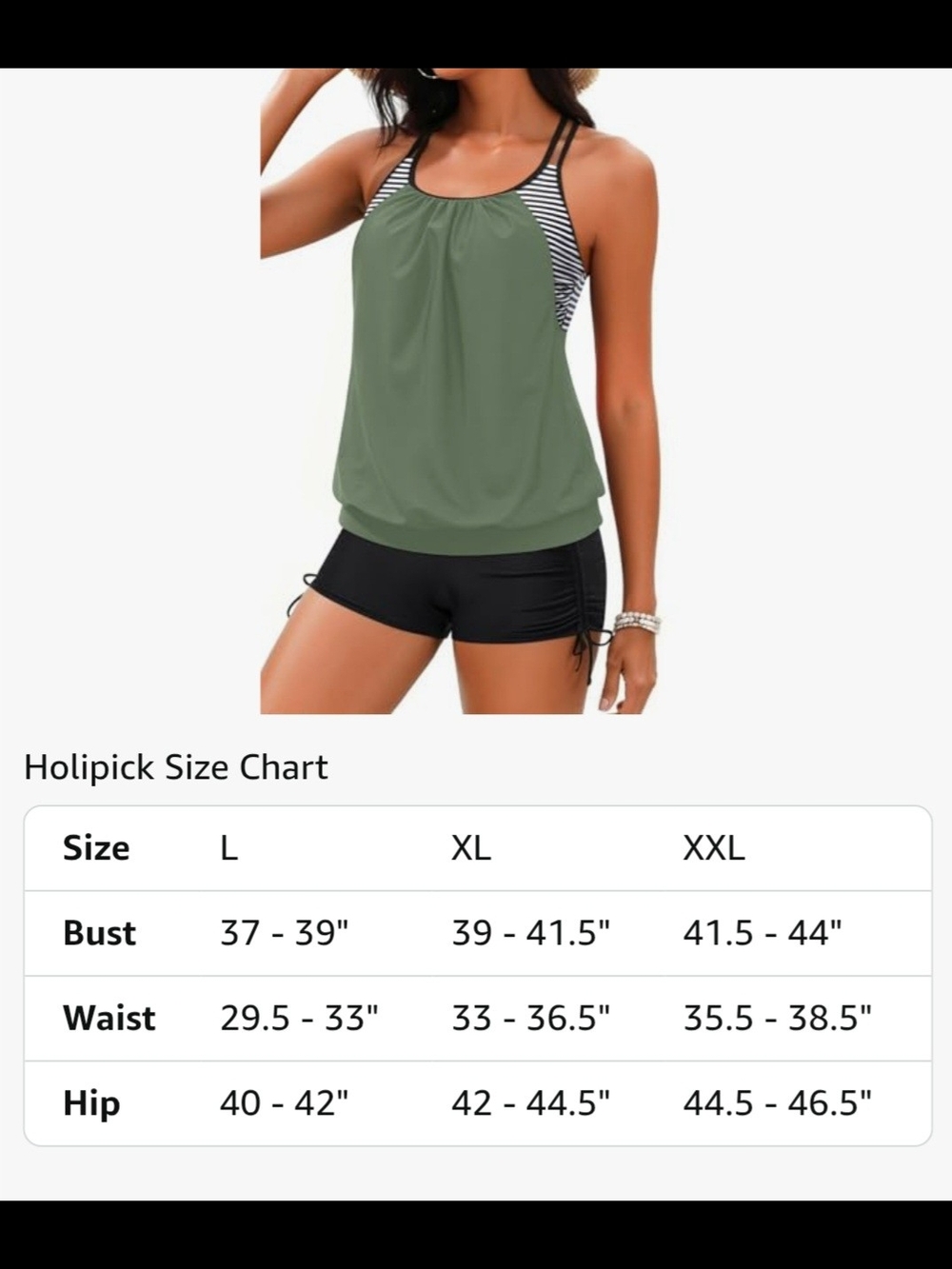 Holipick Tankini Set - Army Green/Striped Multi-Strap Top & Black Boyshorts, XL - Picture 6 of 10